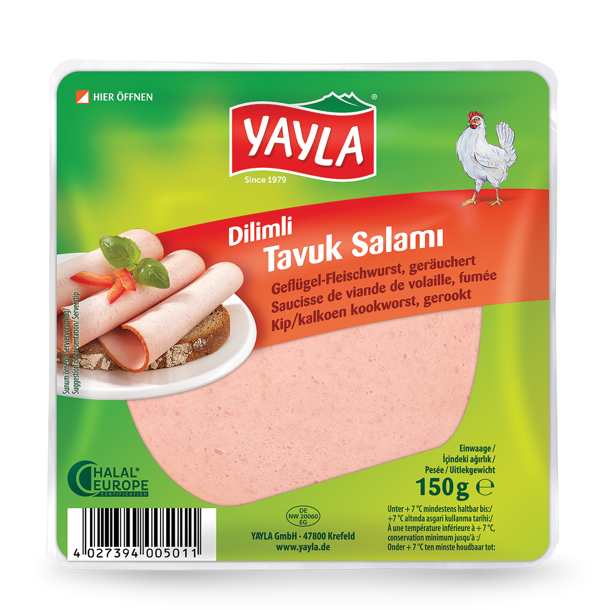 501_packshot.png YAYLA Geschnittene Hähnchensalami 150 g - Image 1